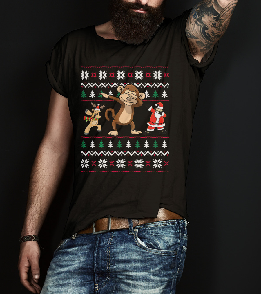 Funny Dabbing Monkey With Santa And Reindeer In Christmas T-Shirt