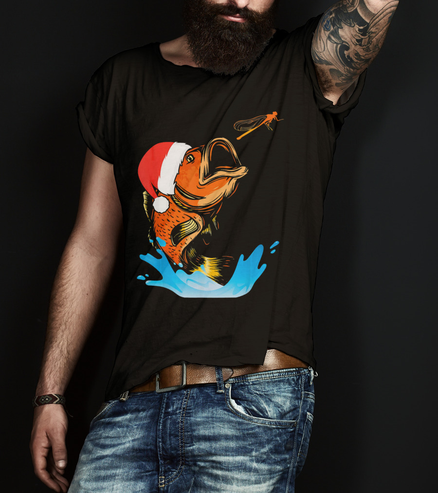 Bass Fishing Santa Hat Splashing Christmas Fish T-Shirt