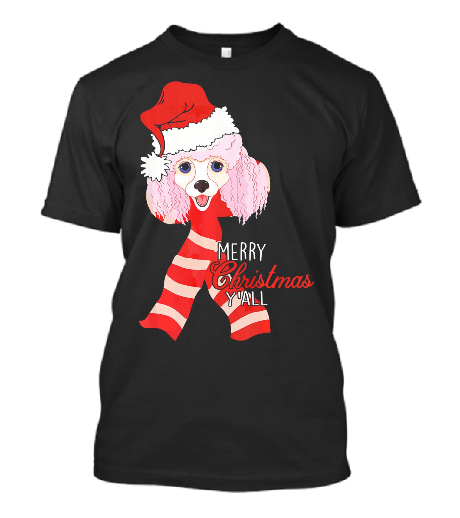 Merry Christmas Y'all Poodle Dog In Santa Hat And Scarf T-Shirt