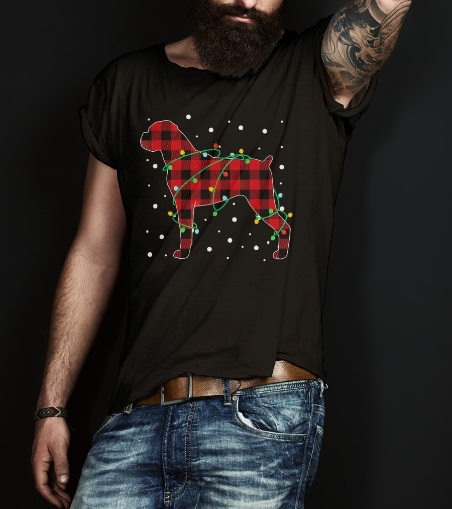 Red Plaid Boxer With Christmas Lights And Snowflakes T-Shirt