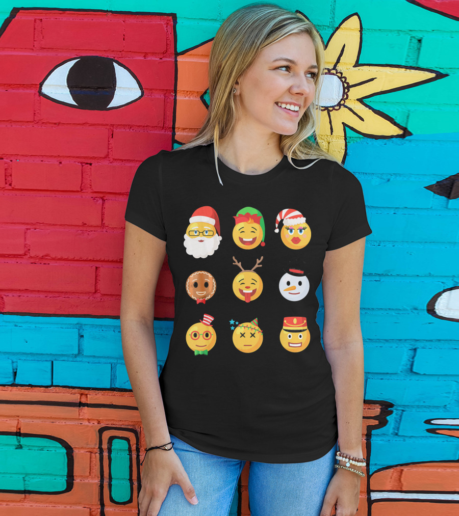 Christmas Emoji Faces Ugly Party Santa Reindeer Snowman Gingerbread T-Shirt