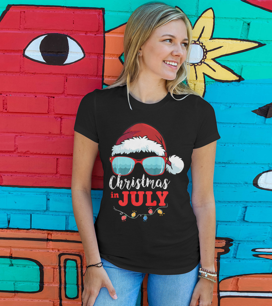 Santa Hat Sunglasses Christmas In July Holiday Lights T-Shirt