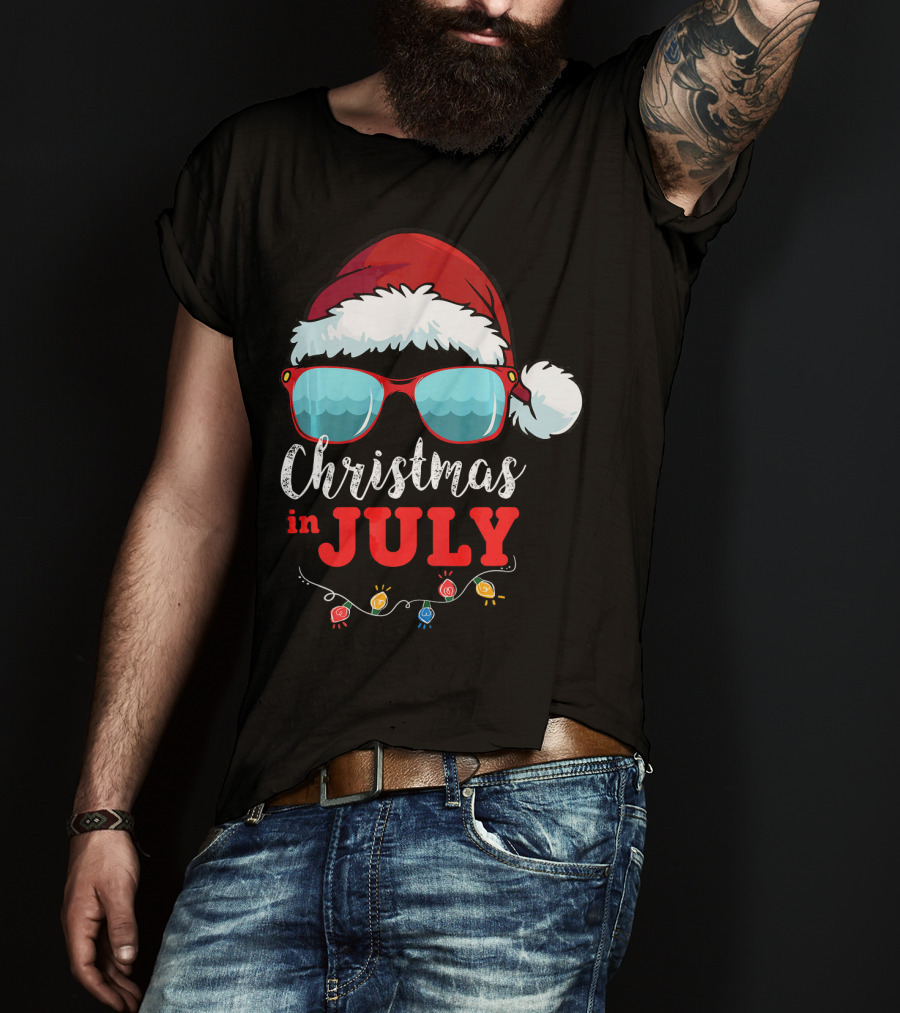 Santa Hat Sunglasses Christmas In July Holiday Lights T-Shirt