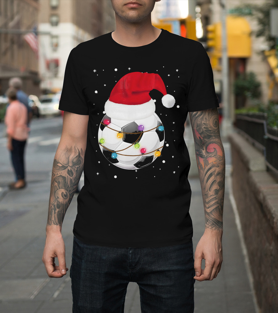 Santa Hat Soccer Ball Wrapped In Christmas Lights With Falling Snow T-Shirt