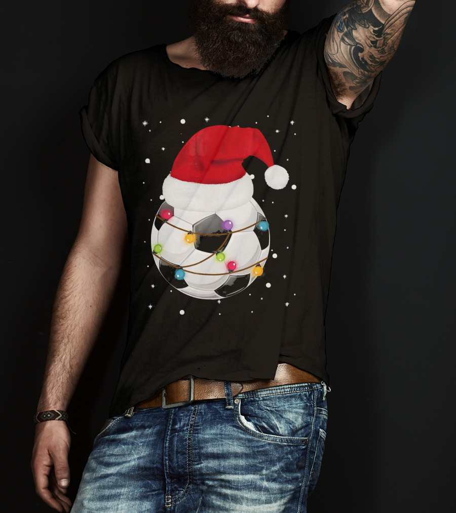 Santa Hat Soccer Ball Wrapped In Christmas Lights With Falling Snow T-Shirt