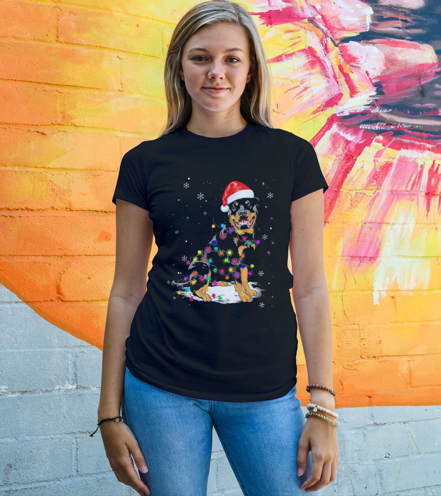 Rottweiler With Santa Hat And Colorful Christmas Lights In Snowy Scene T-Shirt