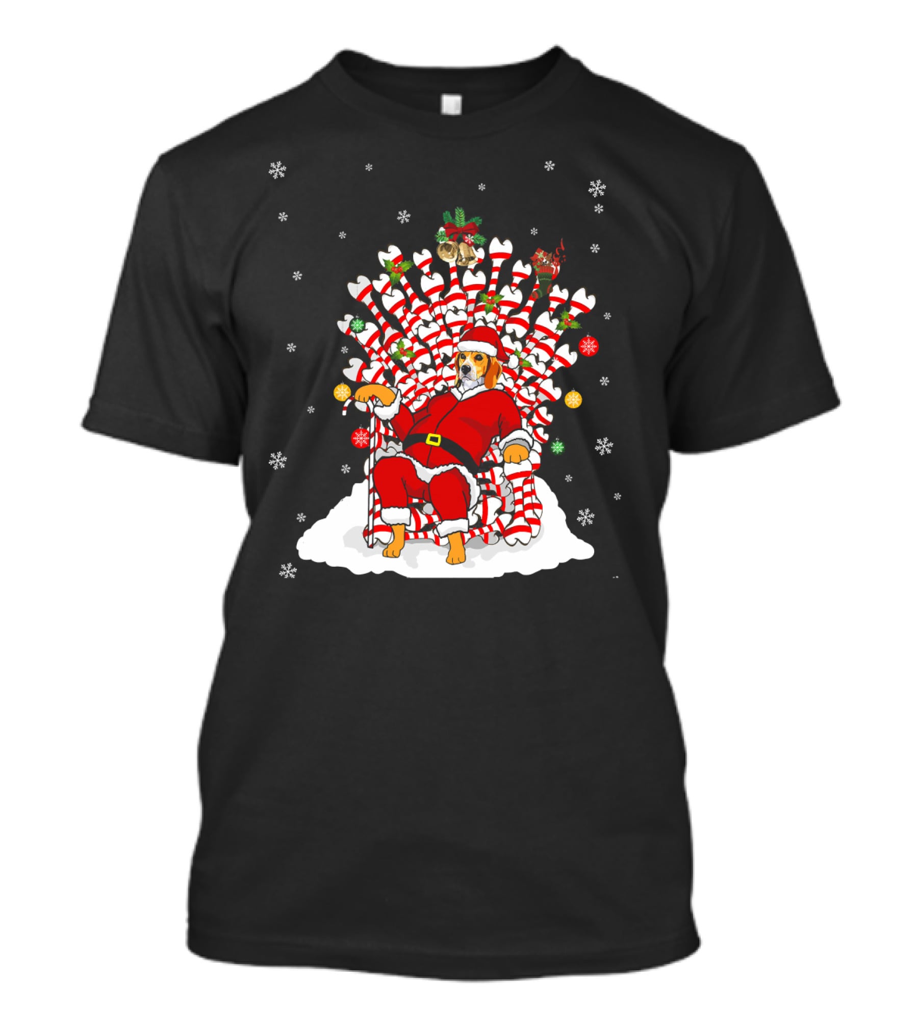 Beagle Dog In Santa Suit On Candy Cane And Bone Throne With Snowflakes T-Shirt