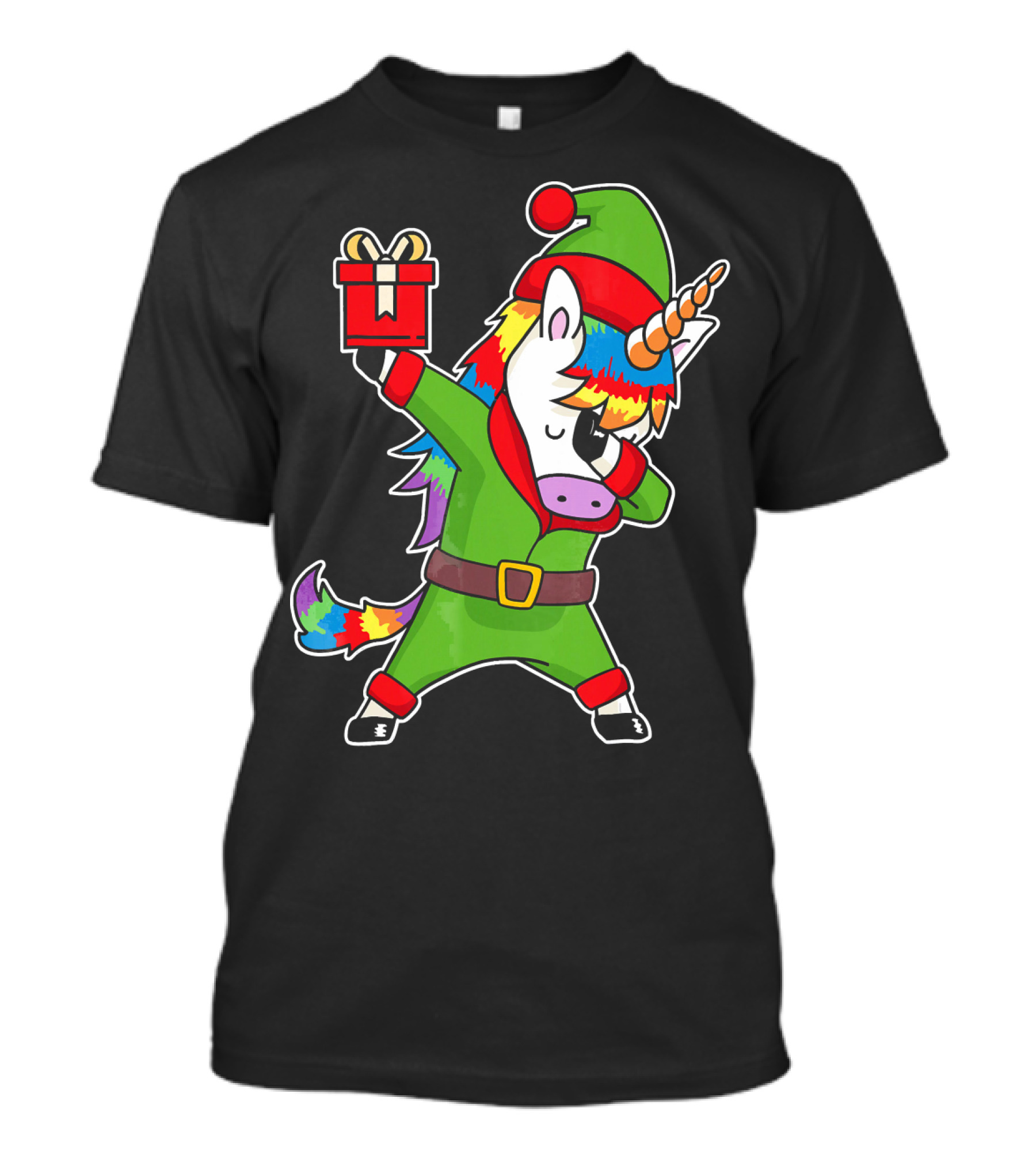 Christmas Dabbing Unicorn Elf With Rainbow Mane And Gift Box T-Shirt