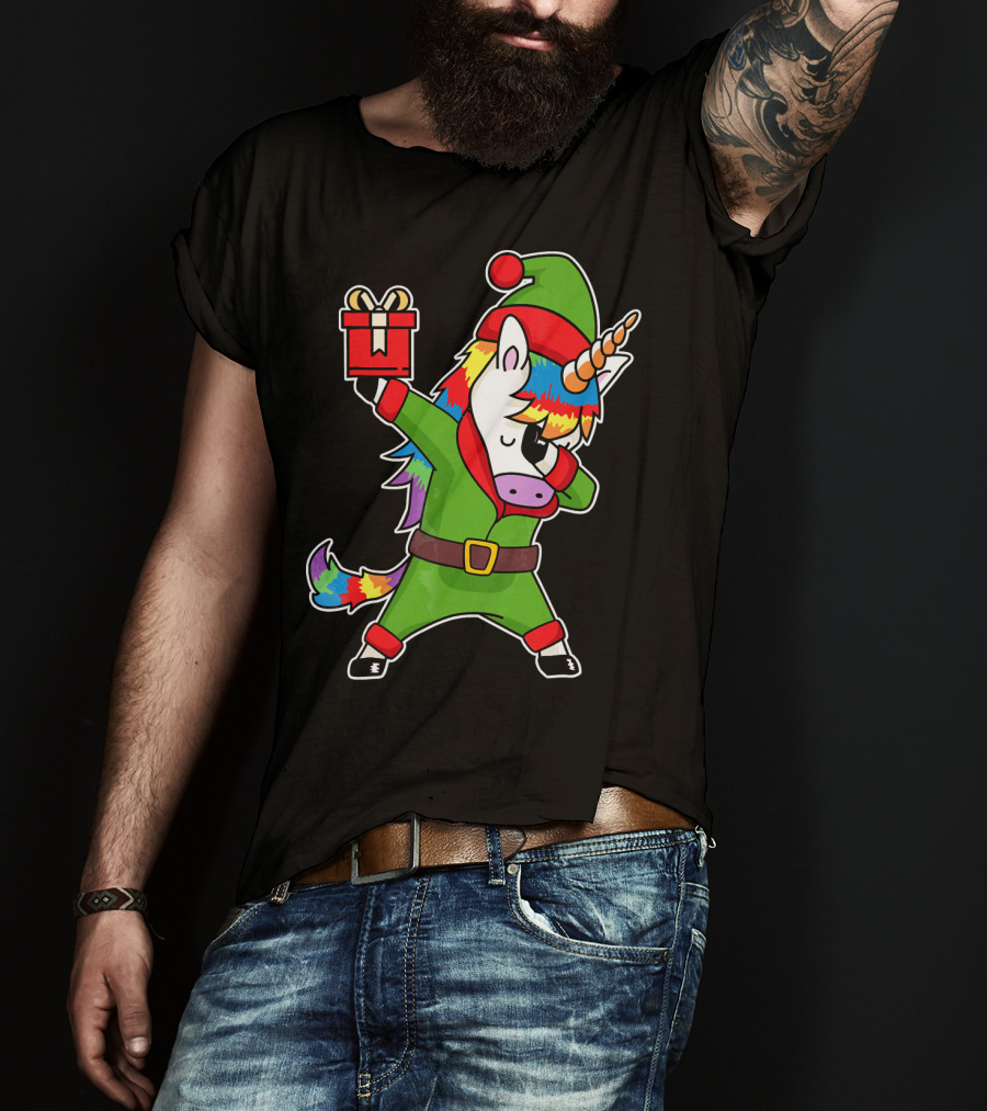 Christmas Dabbing Unicorn Elf With Rainbow Mane And Gift Box T-Shirt