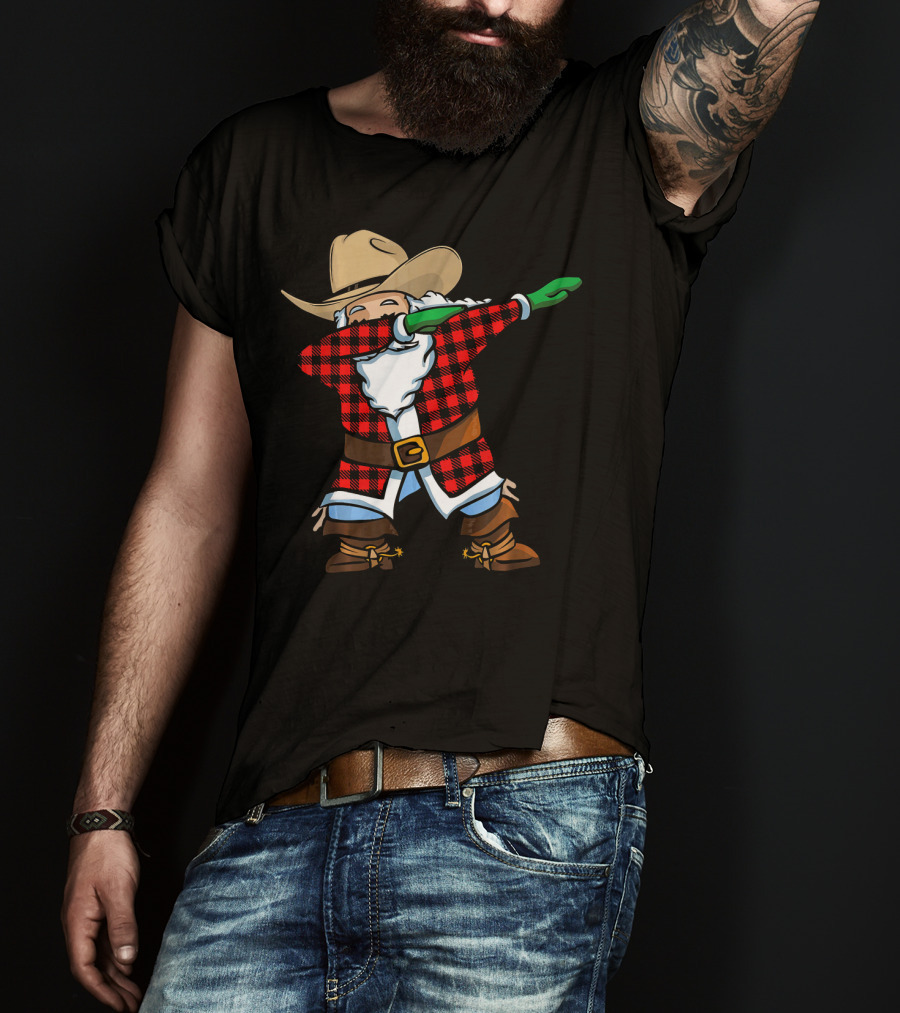 Santa Cowboy Christmas Dabbing Plaid T-Shirt