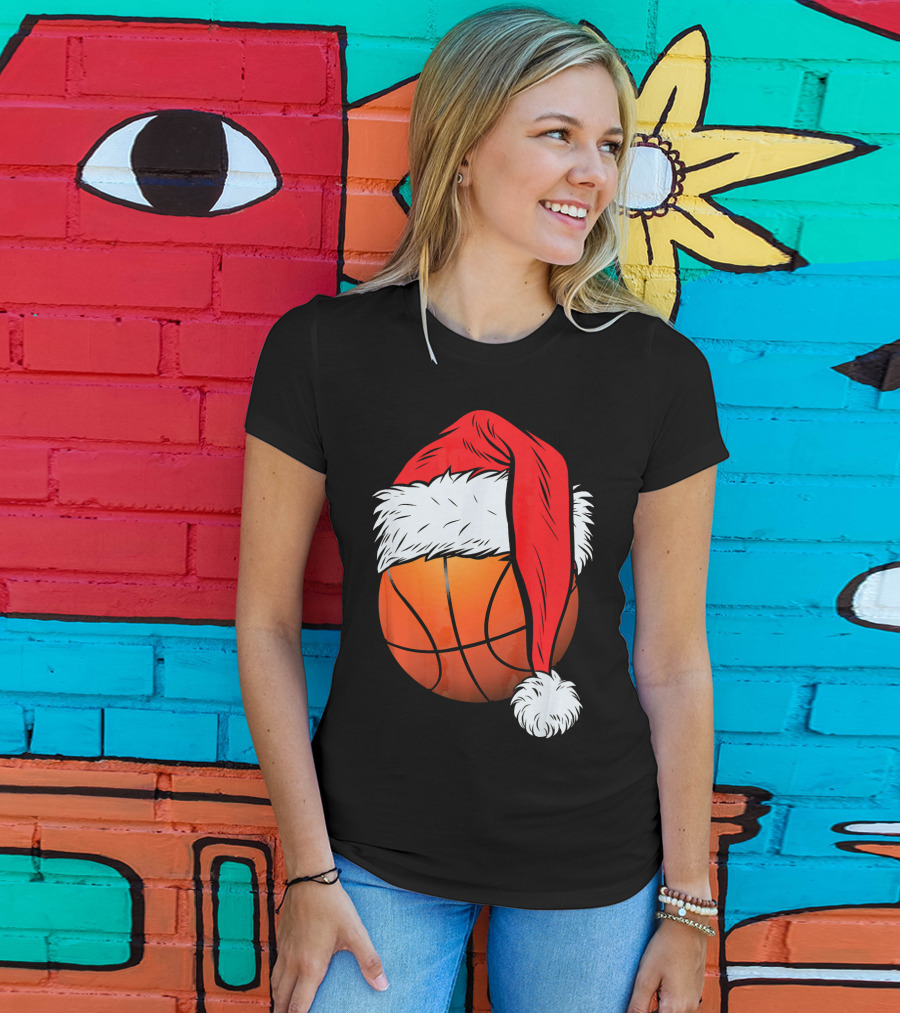 Christmas Santa Hat On Basketball Ball T-Shirt