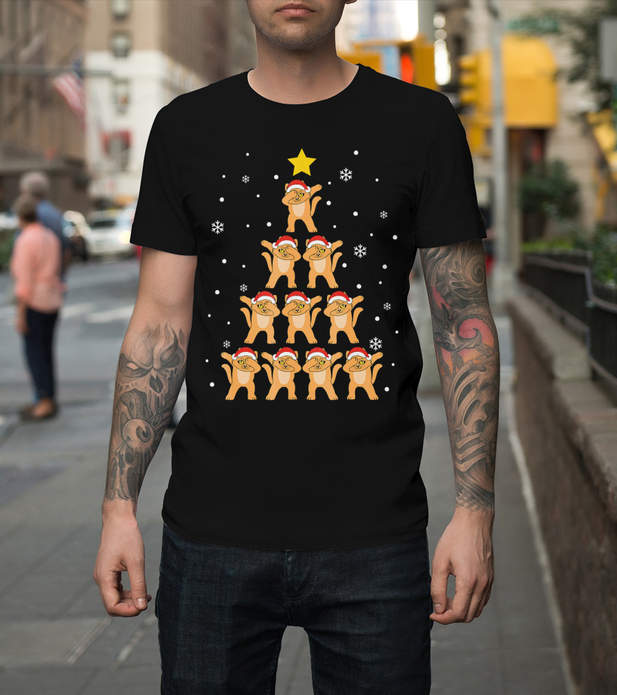 Christmas Tree Dabbing Cats With Santa Hats And Snowflakes T-Shirt