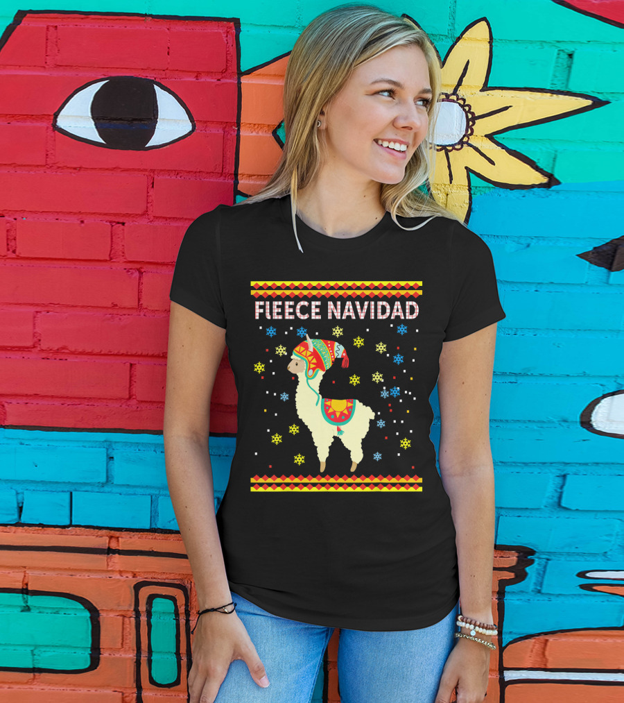 Fleece Navidad Cute Funny Llama With Colorful Winter Hat And Snowflakes T-Shirt