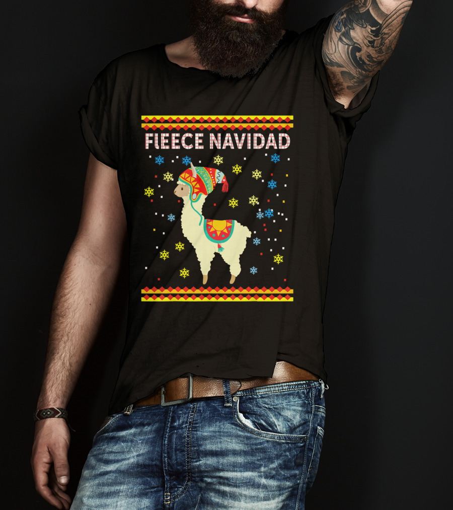 Fleece Navidad Cute Funny Llama With Colorful Winter Hat And Snowflakes T-Shirt