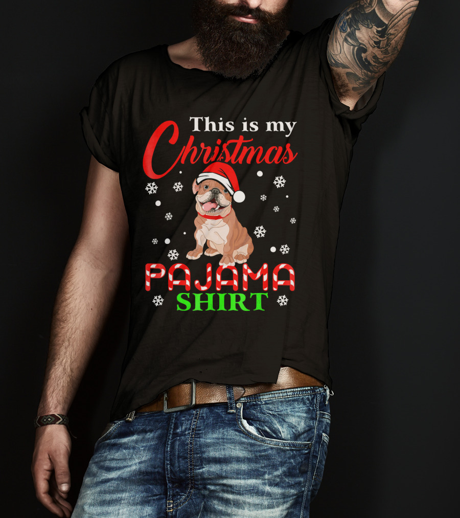 This Is My Christmas Pajama Shirt Dog Santa Hat Snowflakes T-Shirt