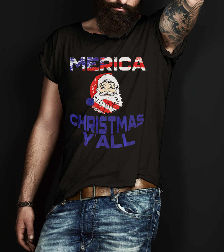 Merica Christmas Yall Santa Patriotic American Flag Colors T-Shirt