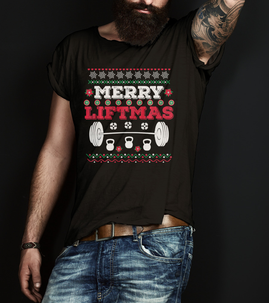 Merry Liftmas Funny Workout Barbell Kettlebell Christmas T-Shirt