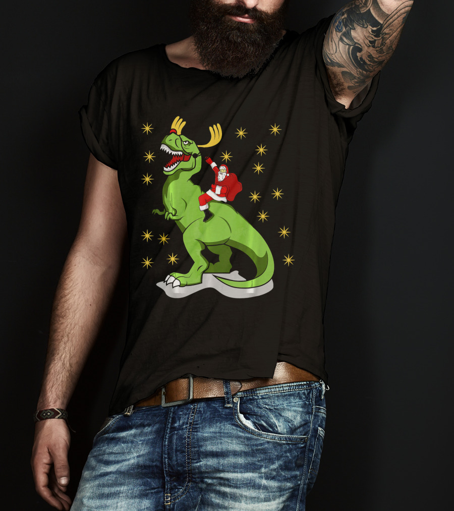 Santa Claus Riding Dinosaur With Reindeer Antlers And Stars T-Shirt