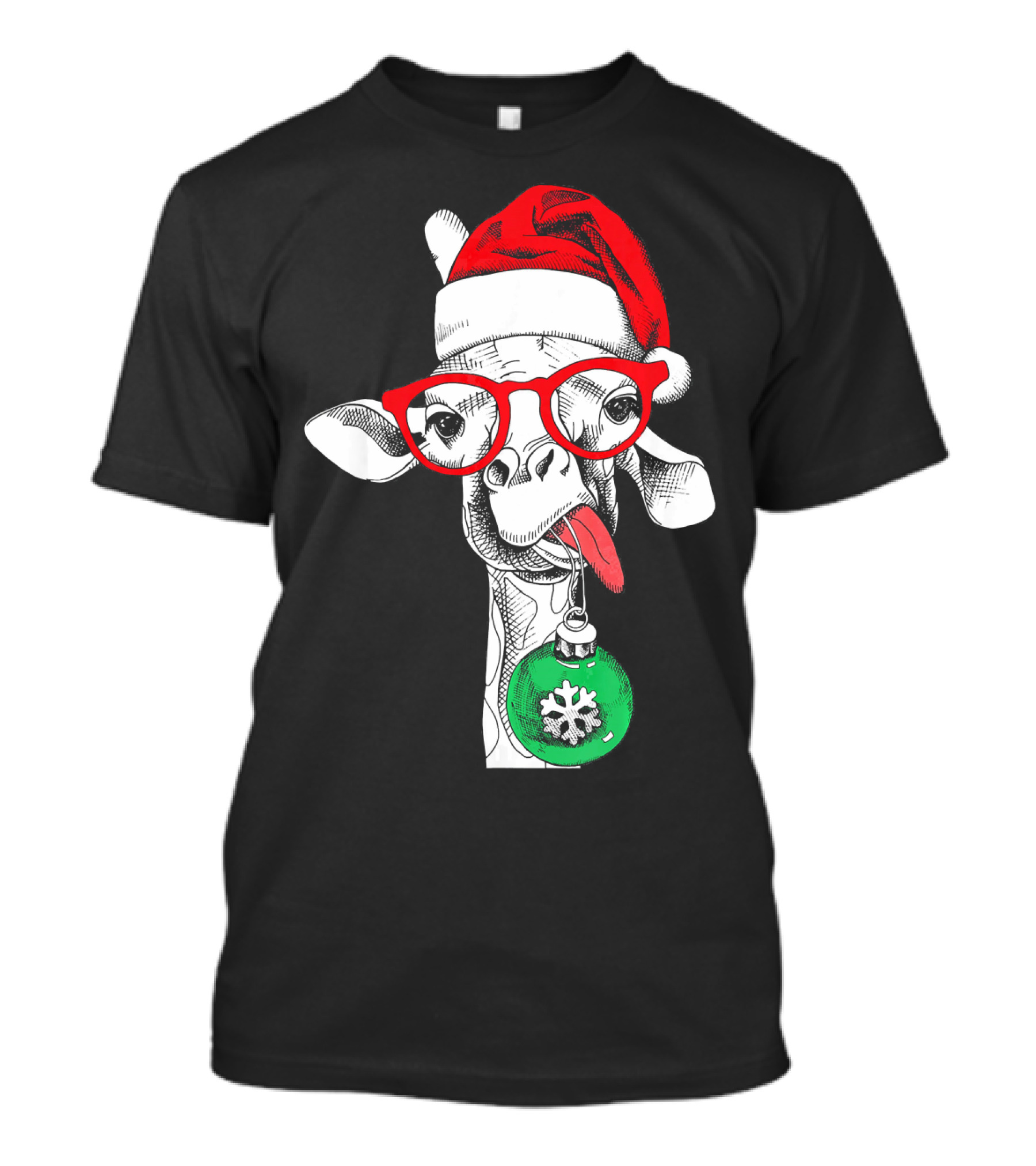 Santa Hat Giraffe Red Glasses Christmas T-Shirt