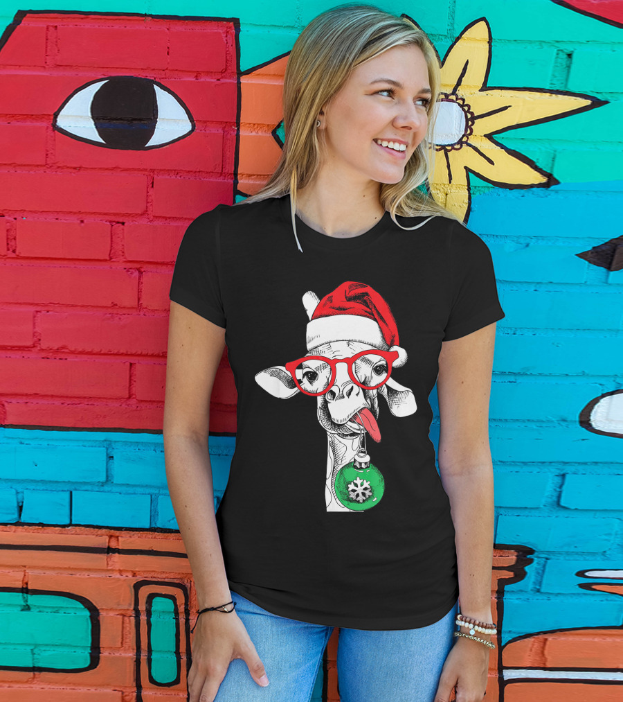 Santa Hat Giraffe Red Glasses Christmas T-Shirt