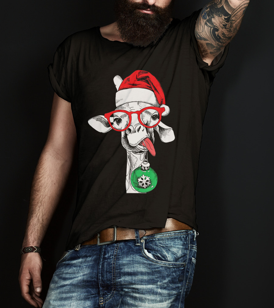Santa Hat Giraffe Red Glasses Christmas T-Shirt