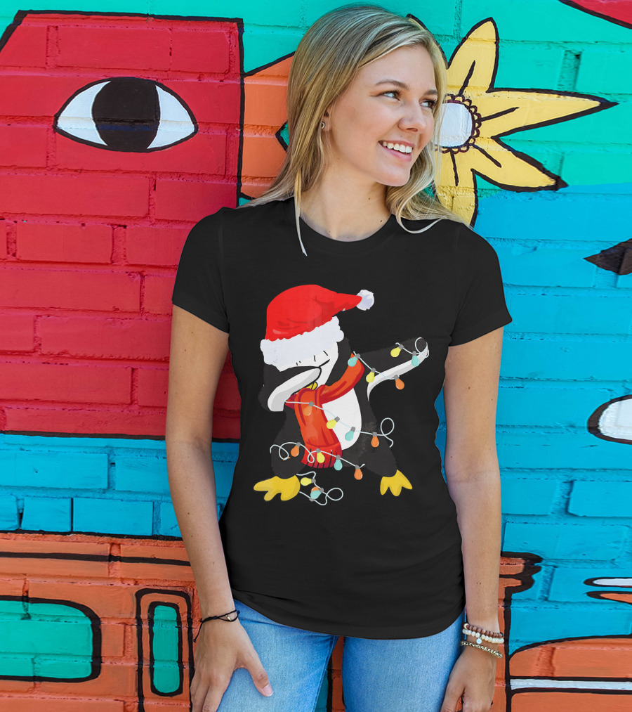 Dabbing Penguin Santa Christmas Lights T-Shirt