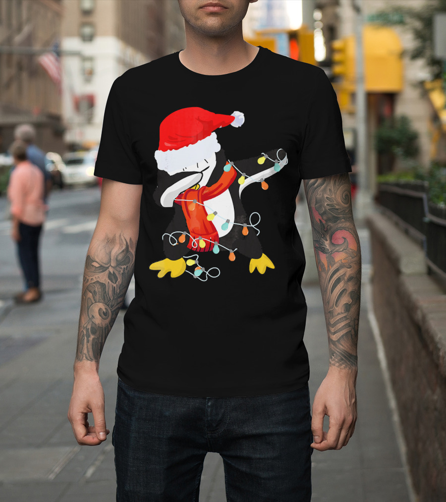Dabbing Penguin Santa Christmas Lights T-Shirt