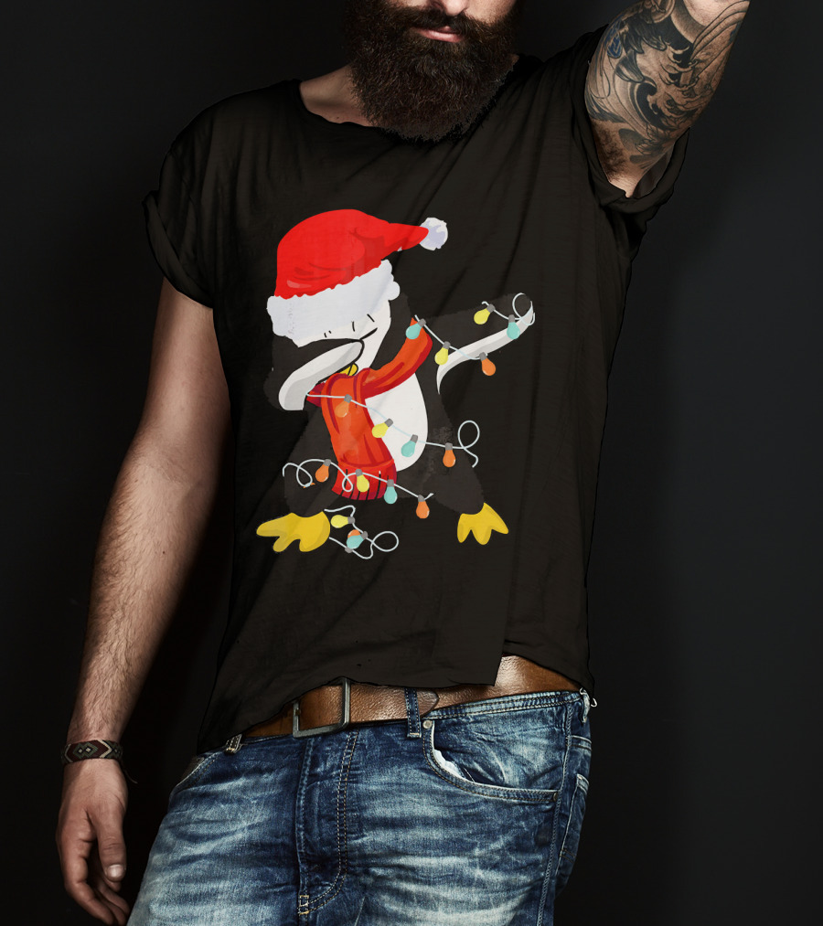 Dabbing Penguin Santa Christmas Lights T-Shirt