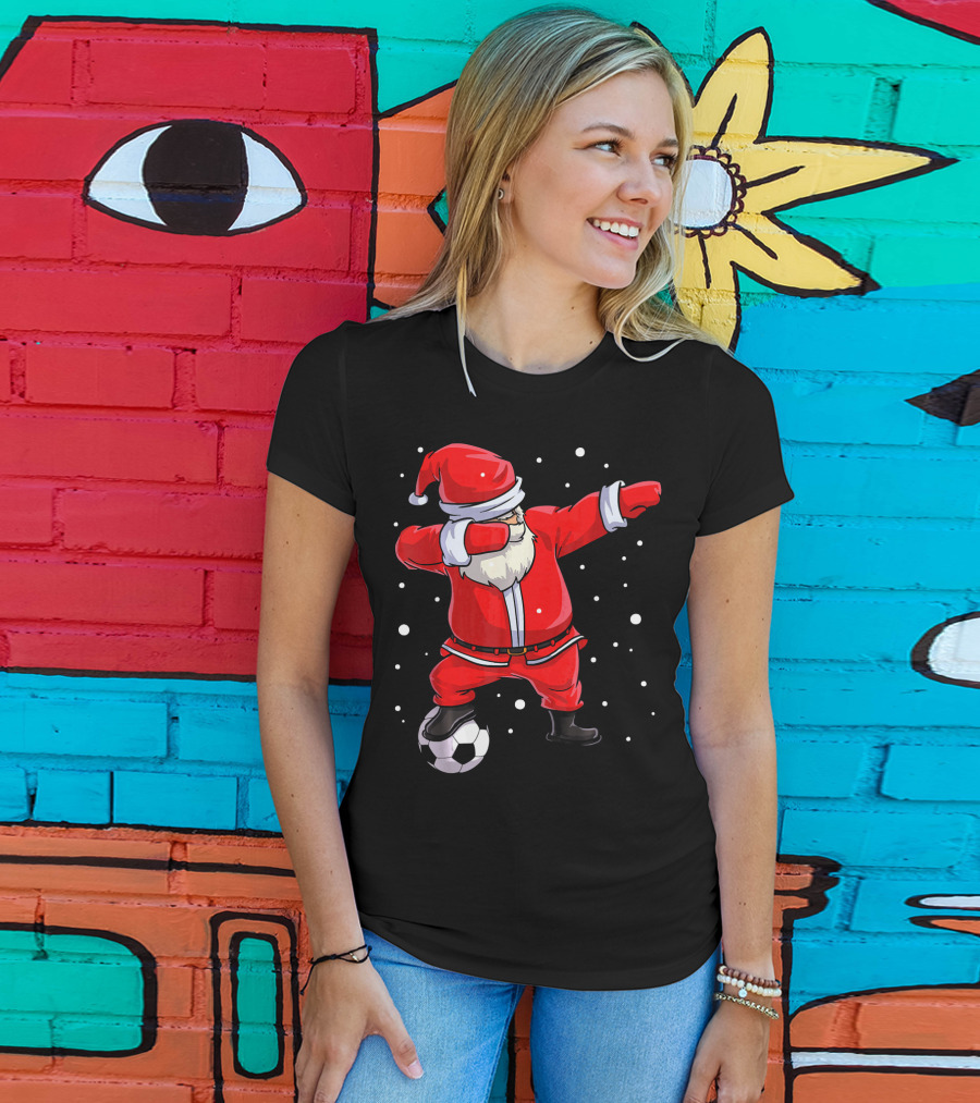 Santa Claus Dabbing On Soccer Ball Snowflakes Holiday T-Shirt
