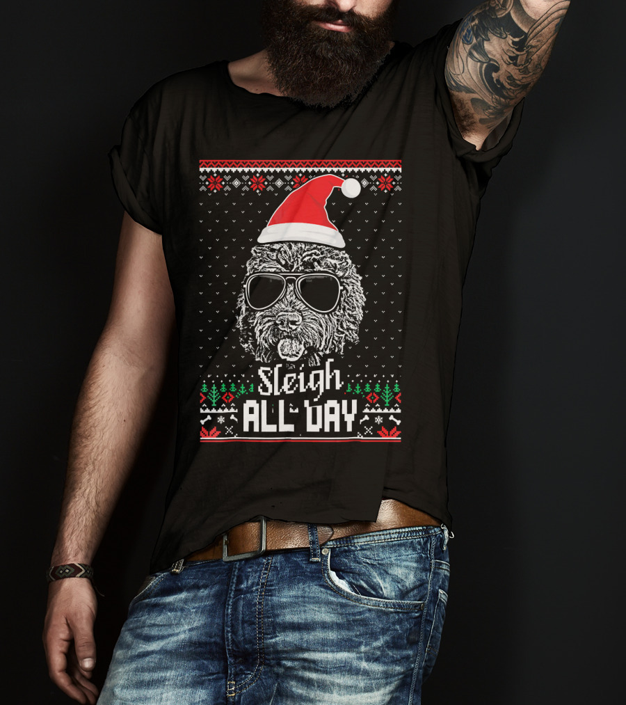 Sleigh All Day Christmas Labradoodle With Santa Hat And Sunglasses T-Shirt