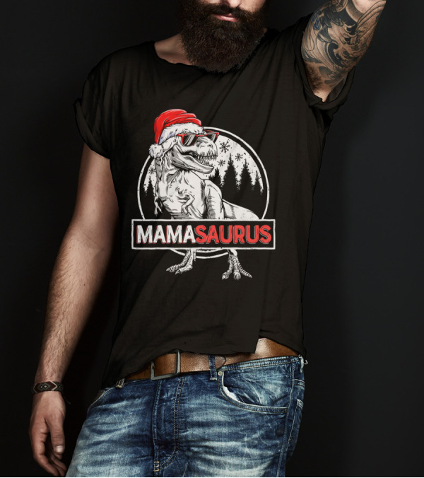 Mamasaurus Dinosaur Christmas Santa Hat Sunglasses T-Shirt