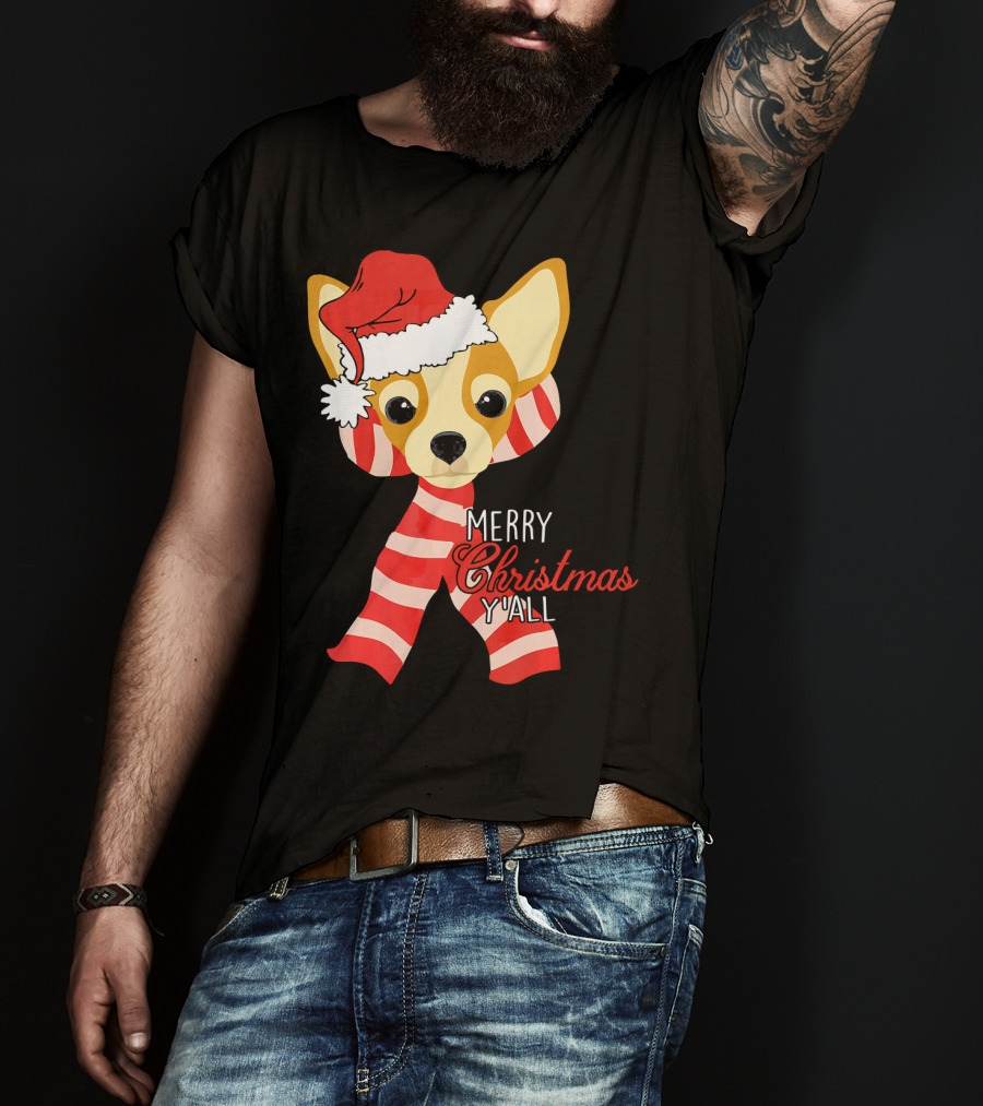 Merry Christmas Y'all Chihuahua Dog With Santa Hat And Scarf T-Shirt