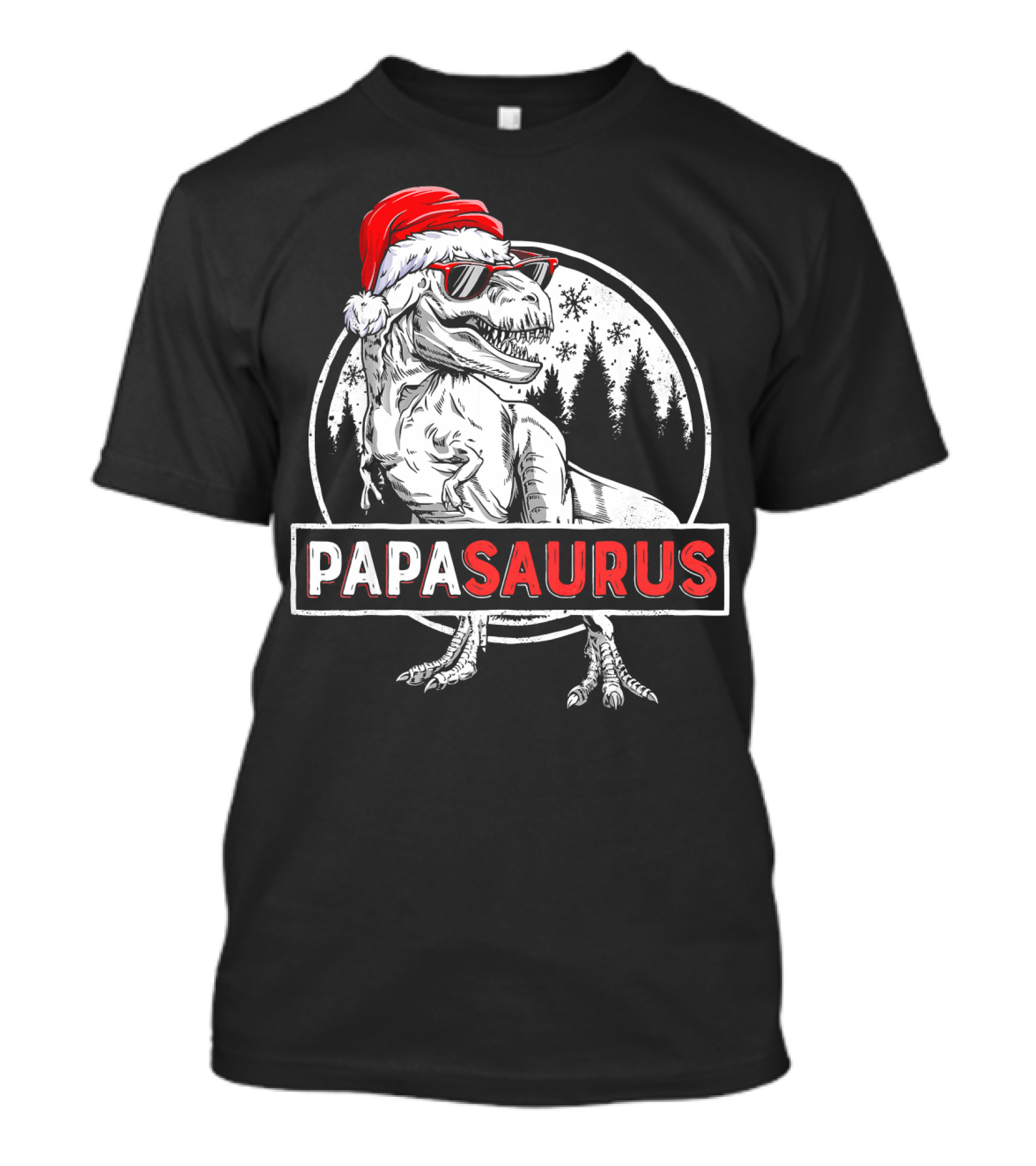 Papasaurus Dinosaur Santa Hat Christmas Snowflake Forest T-Shirt