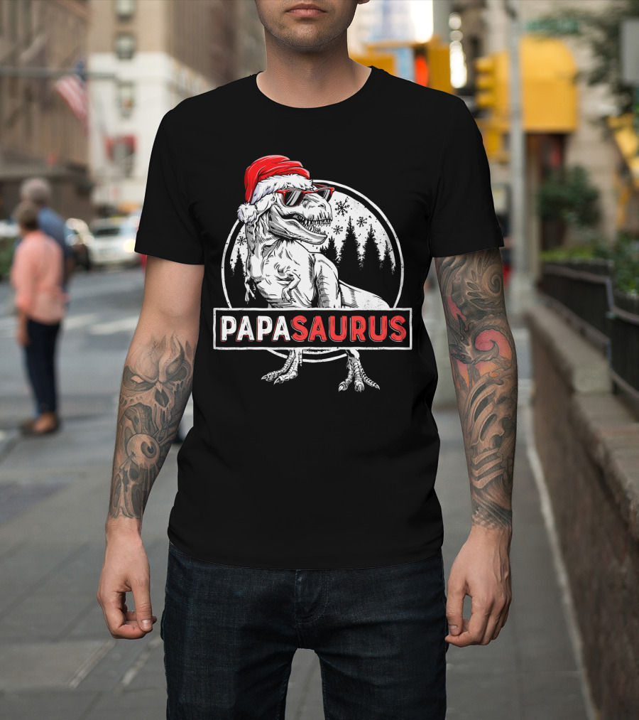 Papasaurus Dinosaur Santa Hat Christmas Snowflake Forest T-Shirt