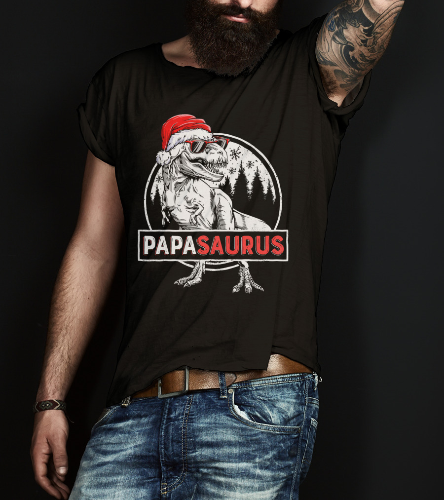 Papasaurus Dinosaur Santa Hat Christmas Snowflake Forest T-Shirt
