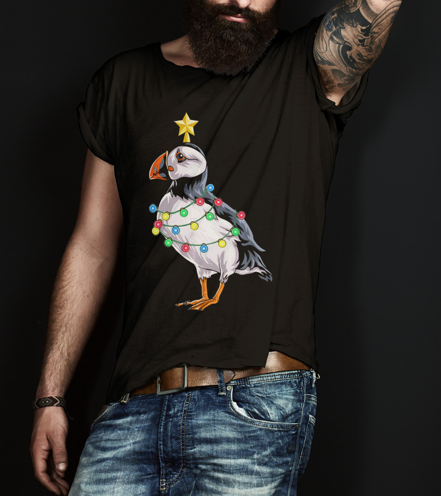 Puffin Bird Wrapped In Christmas Lights With Star T-Shirt