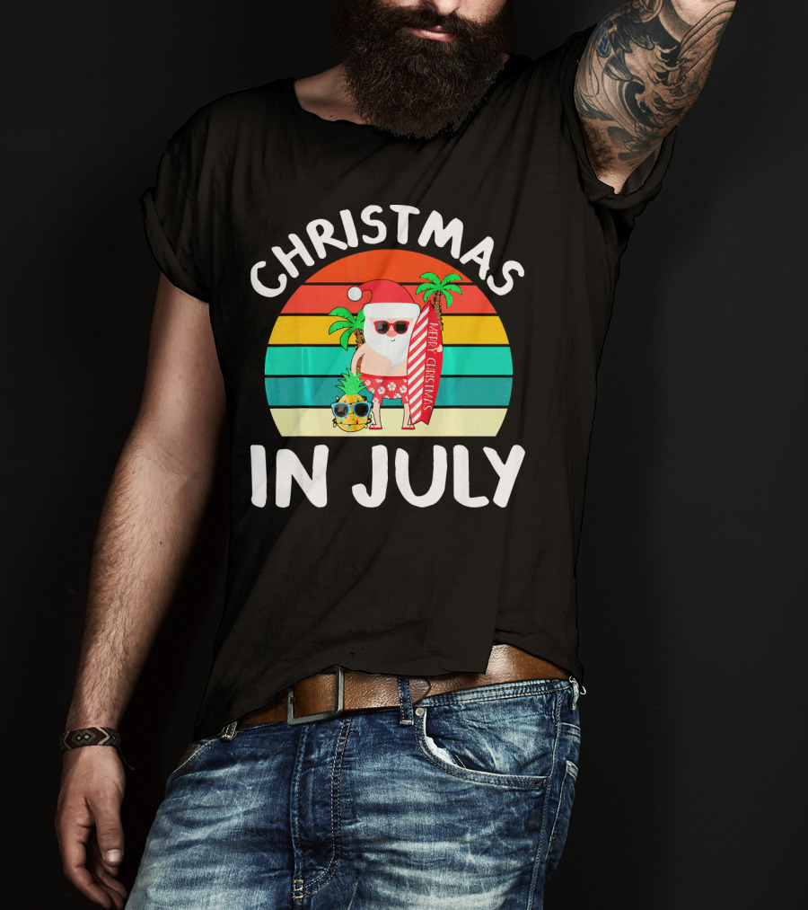 Christmas In July Vintage Santa Tropical Surfboard Merry Christmas T-Shirt