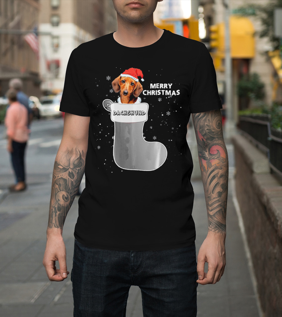 Dachshund Merry Christmas Sock Santa Hat T-Shirt
