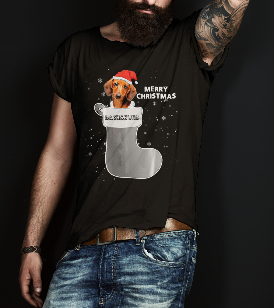 Dachshund Merry Christmas Sock Santa Hat T-Shirt