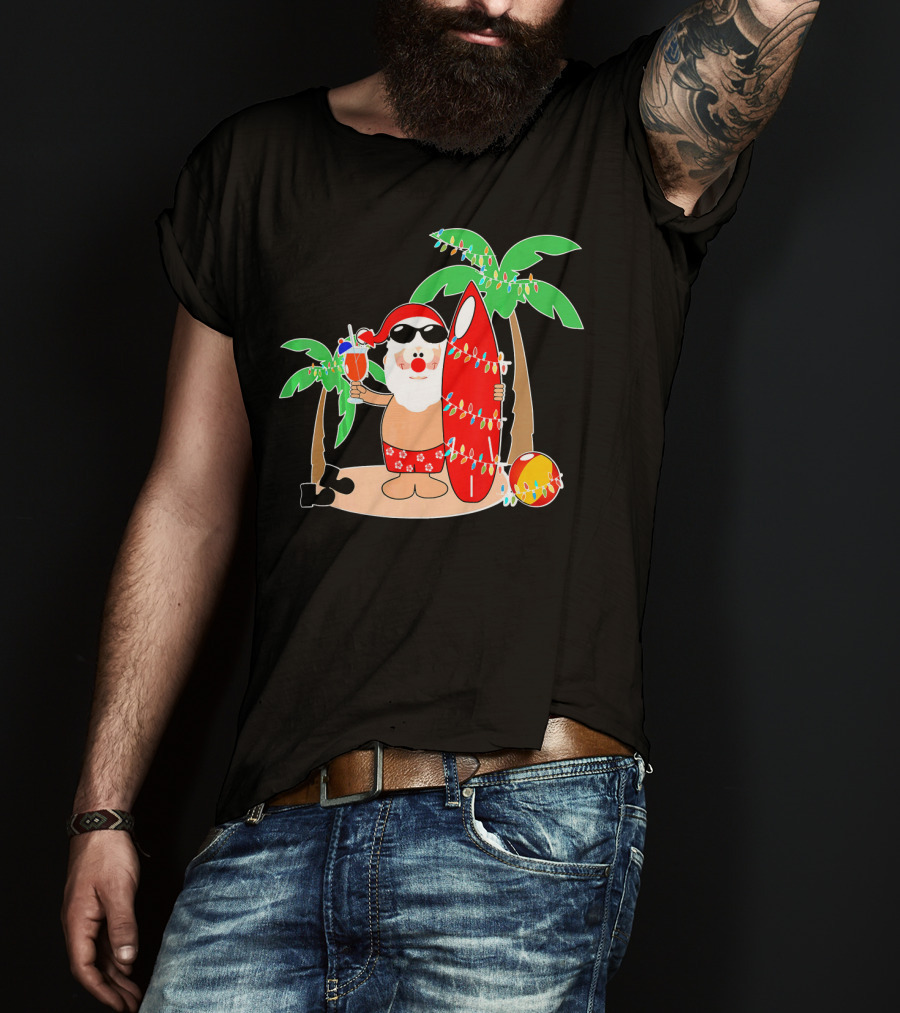 Santa Claus Surfing Hawaiian Summer Palm Trees And Lights T-Shirt