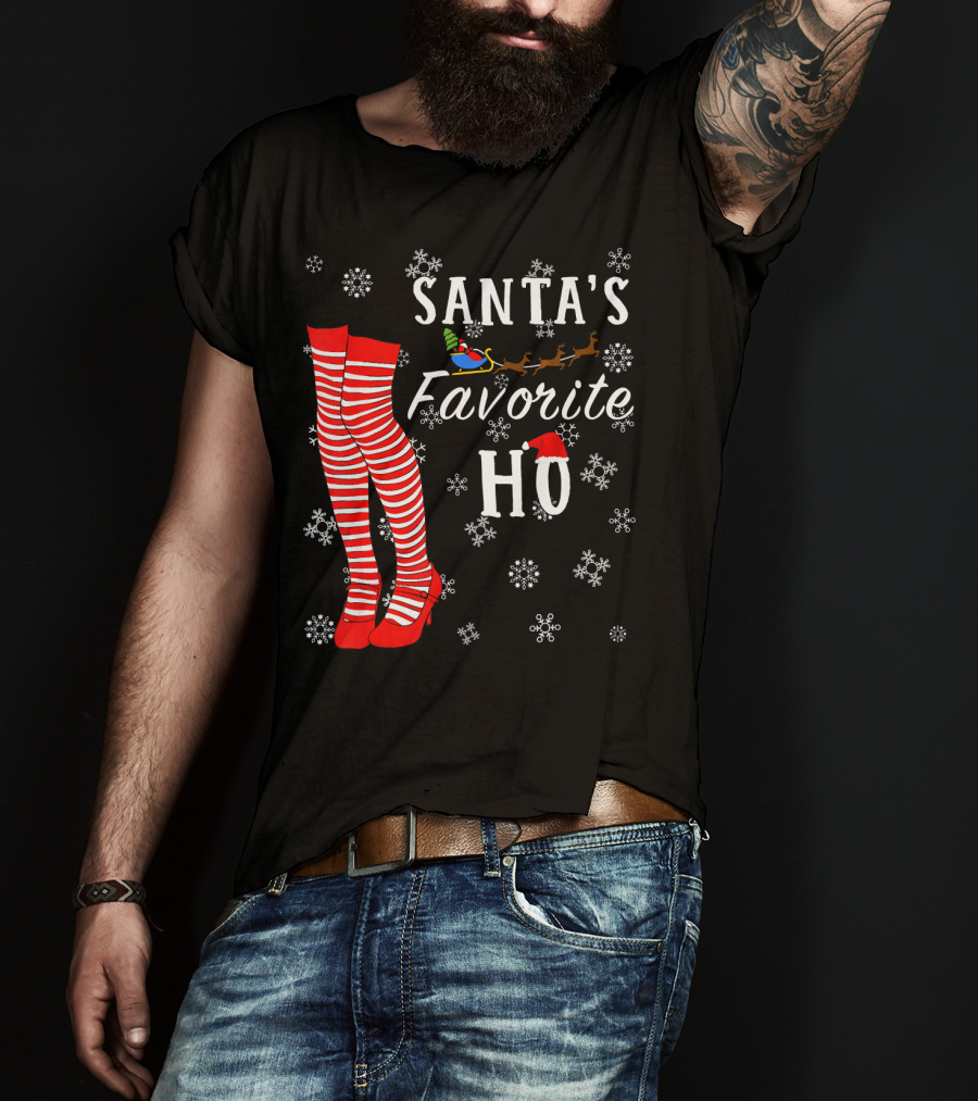 Santa's Favorite Ho Red Striped Stockings Snowflakes Sleigh T-Shirt