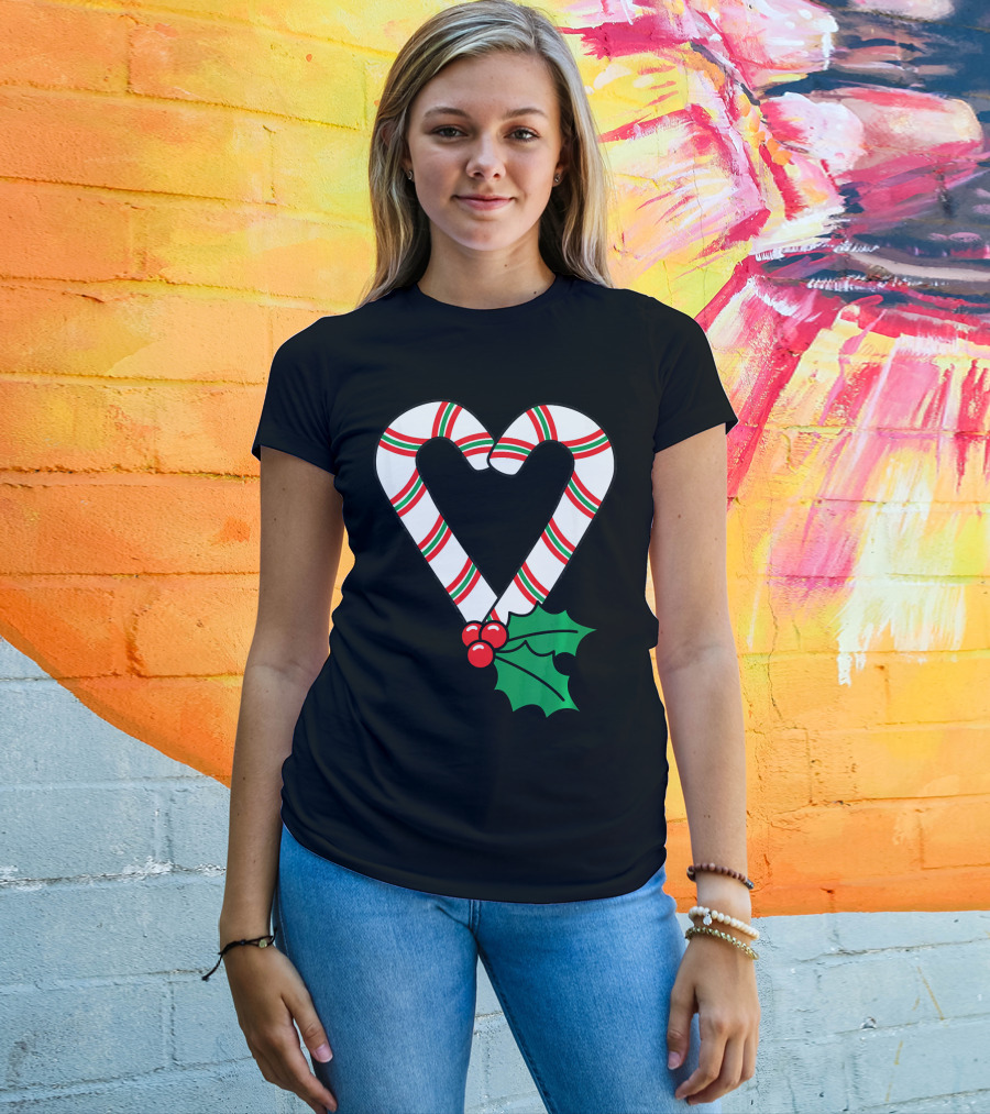 Christmas Candy Cane Heart Holly Berry T-Shirt