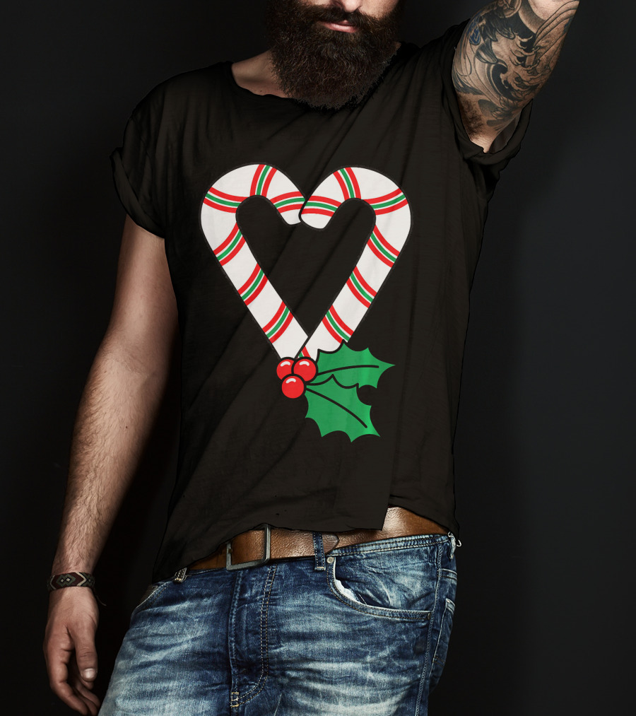 Christmas Candy Cane Heart Holly Berry T-Shirt