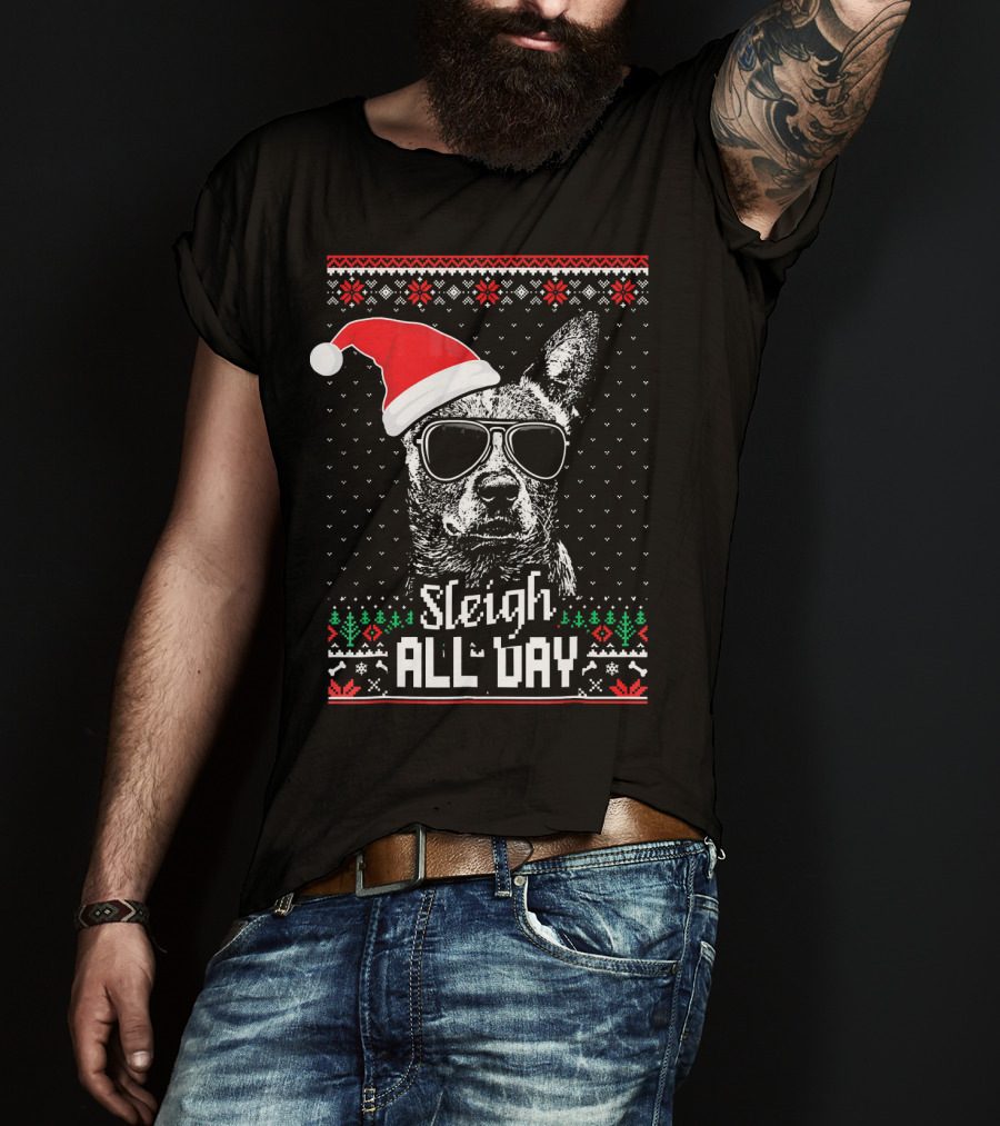 Sleigh All Day Funny Australian Cattle Dog Christmas Santa Hat Sunglasses Festive Knit T-Shirt