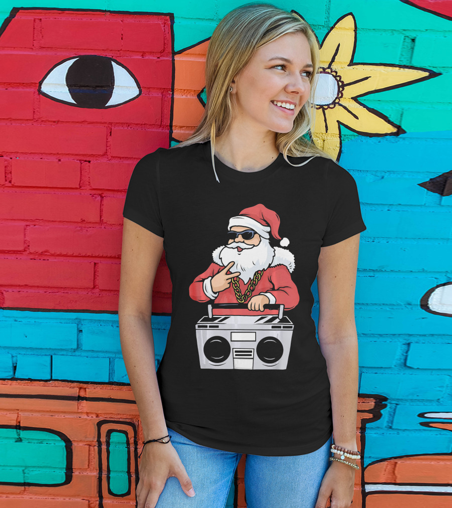 Santa Claus Rapper Style With Boombox And Bling T-Shirt
