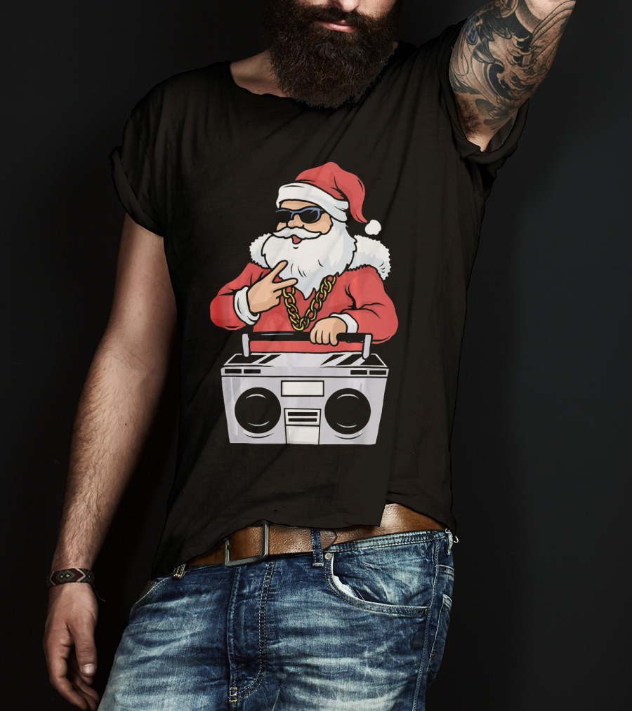 Santa Claus Rapper Style With Boombox And Bling T-Shirt