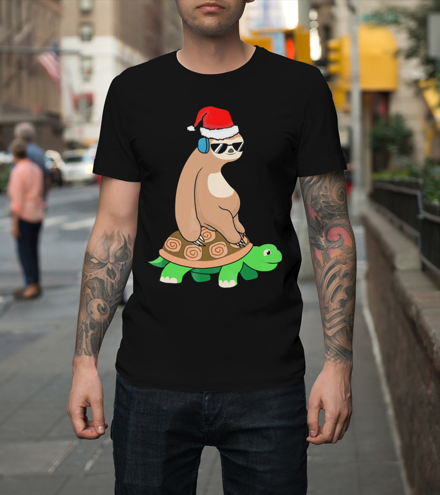 Xmas Sloth Riding Turtle Lazy Sloth Santa Hat Sunglasses T-Shirt