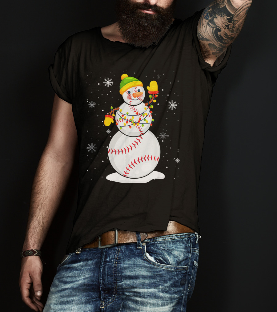 Christmas Snowman With Baseball Stitching And Santa Hat T-Shirt