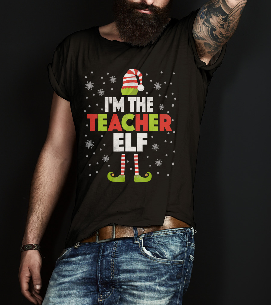 I'm The Teacher Elf Striped Hat And Shoes Snowflakes T-Shirt
