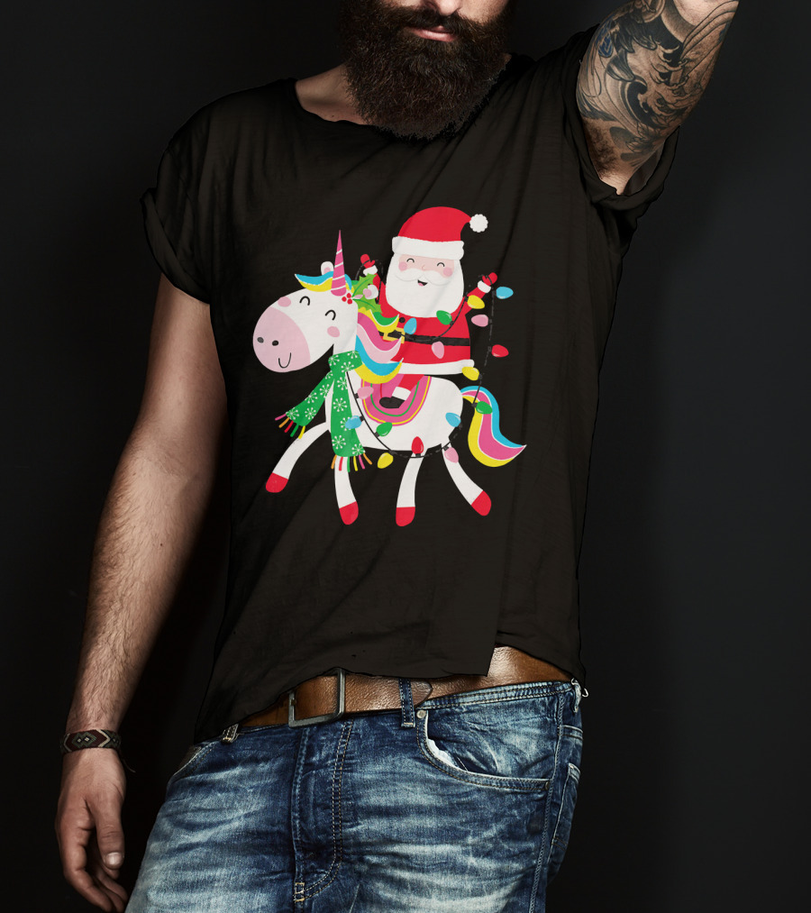 Santa Claus Riding Unicorn With Christmas Lights And Scarf T-Shirt